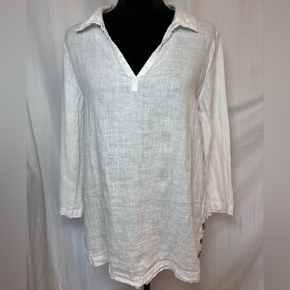 Tahari women’s 100% linen white tunic v-neck collared buttons size L